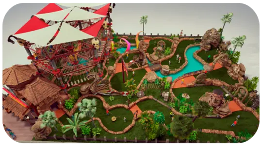 Thematischer Freizeitpark, der einen Hochseilgarten und Minigolf kombiniert,Entwurf und Bau eines Minigolfplatzes, Entwurf eines Minigolfparks