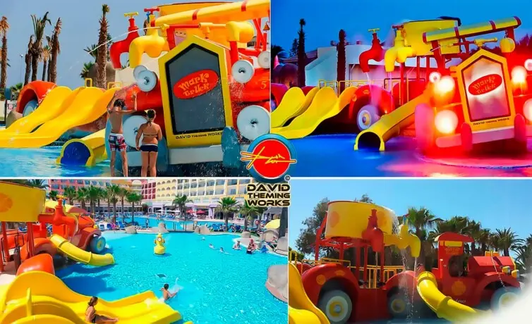 Feuerwehrauto mit Rutschen für Kinderbecken Löschfahrzeug mit Wasserrutschen, Löschfahrzeug für Wasserparks