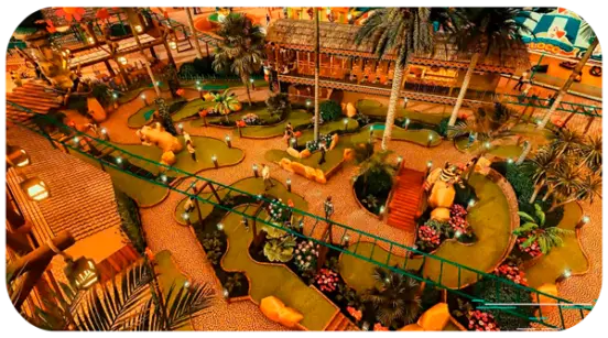Minigolfpark im Cartoon-Stil mit Familienthema.Entwurf und Bau eines Minigolfplatzes, Entwurf eines Minigolfparks