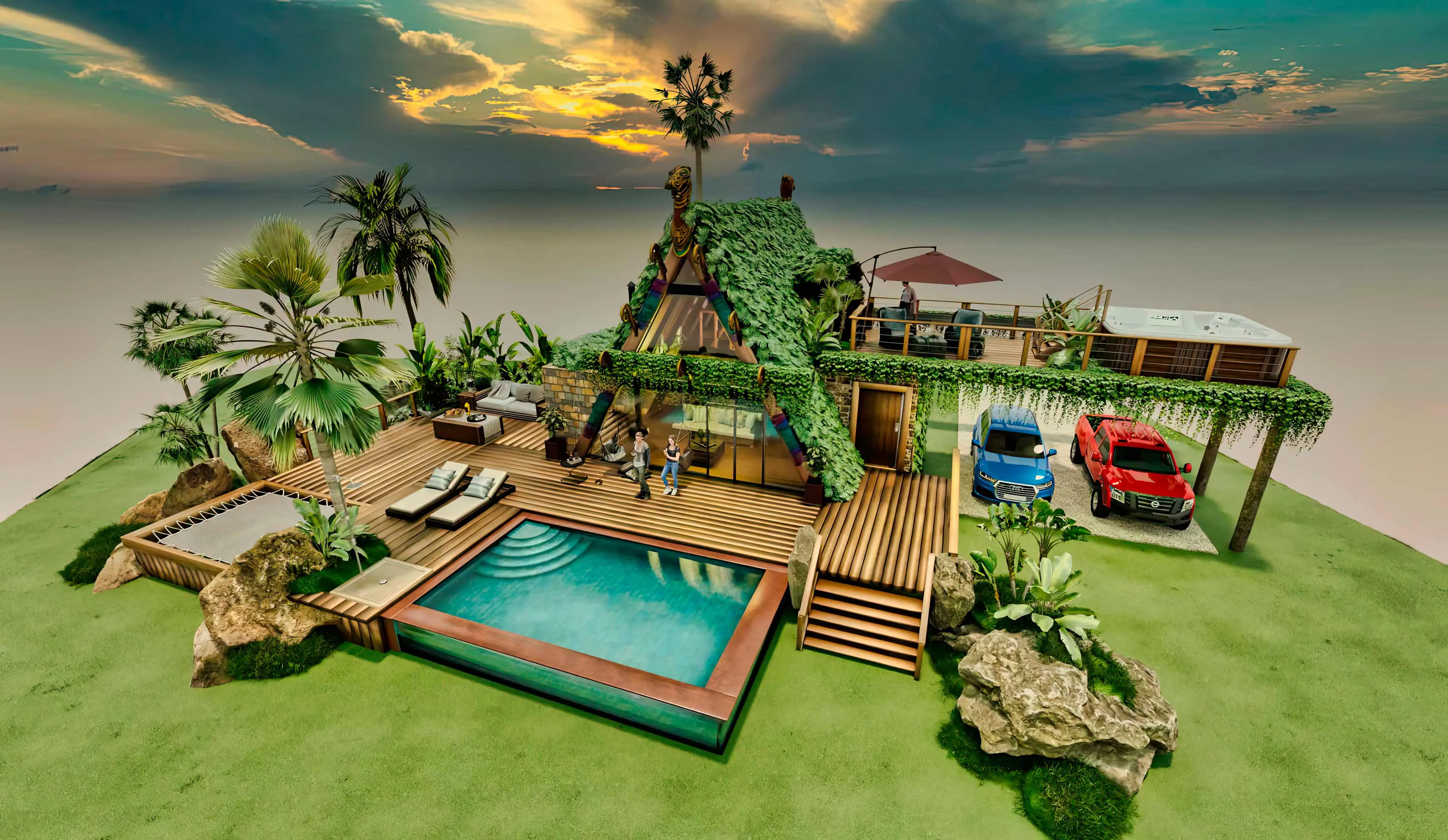 Häusern und Campinghütten Entwurf von ökologischen Häusern und Campinghütten