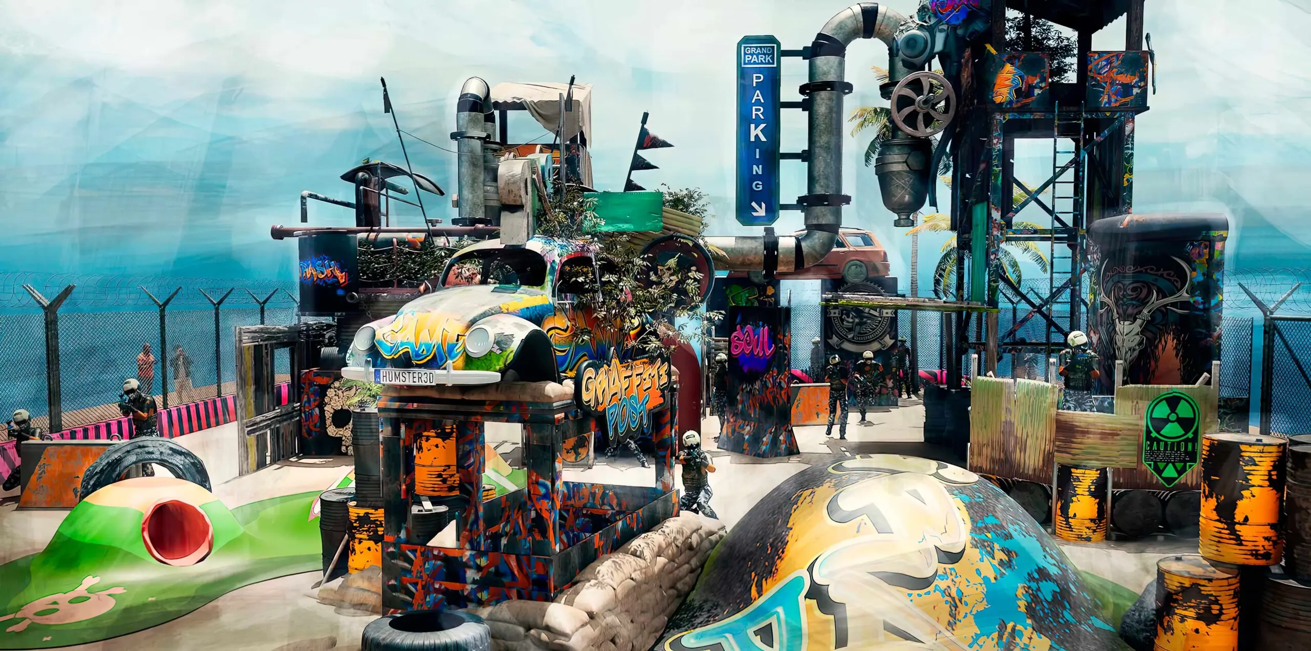 1000 m2 - Post Apocalypse Paintball, themed field for paintball and airsoft game with post-apocalyptic theme,