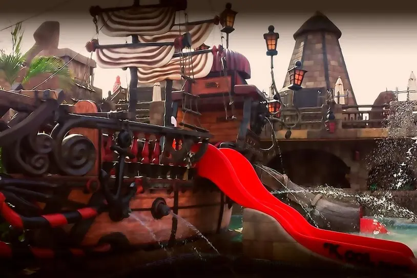 sale of pirate ship for themed pools. manufacturer of pirate ship with water slides.
