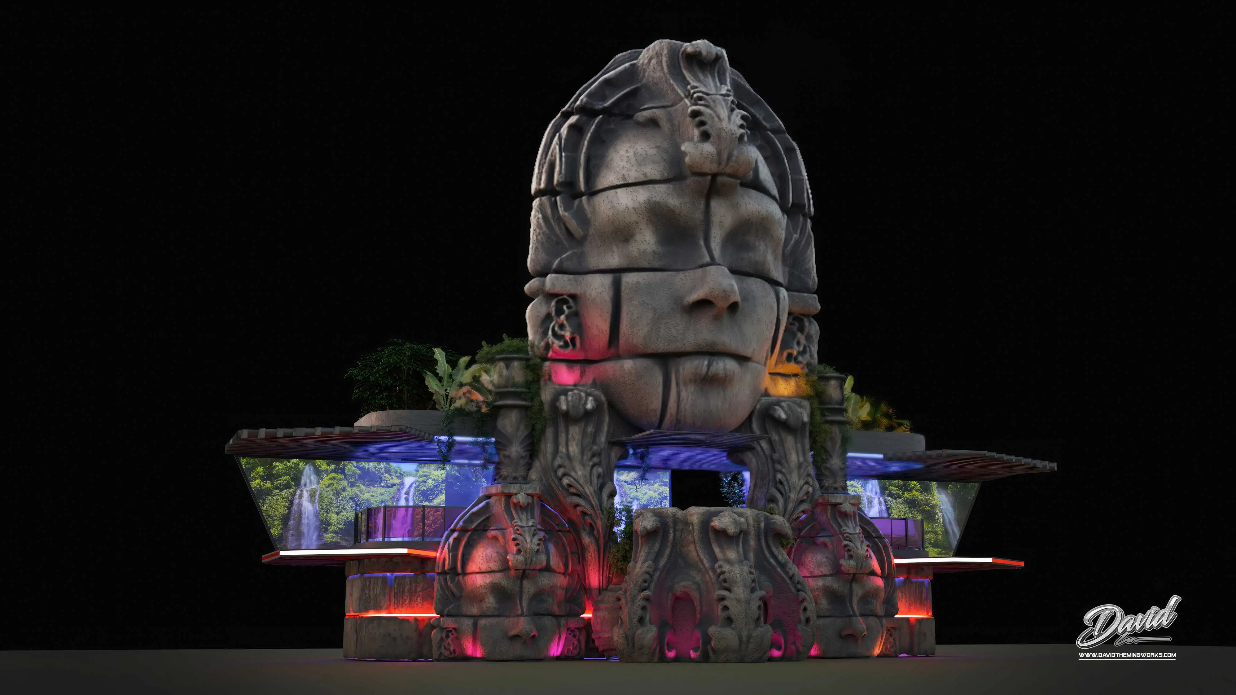 temple-style music festival design themed festival stage design