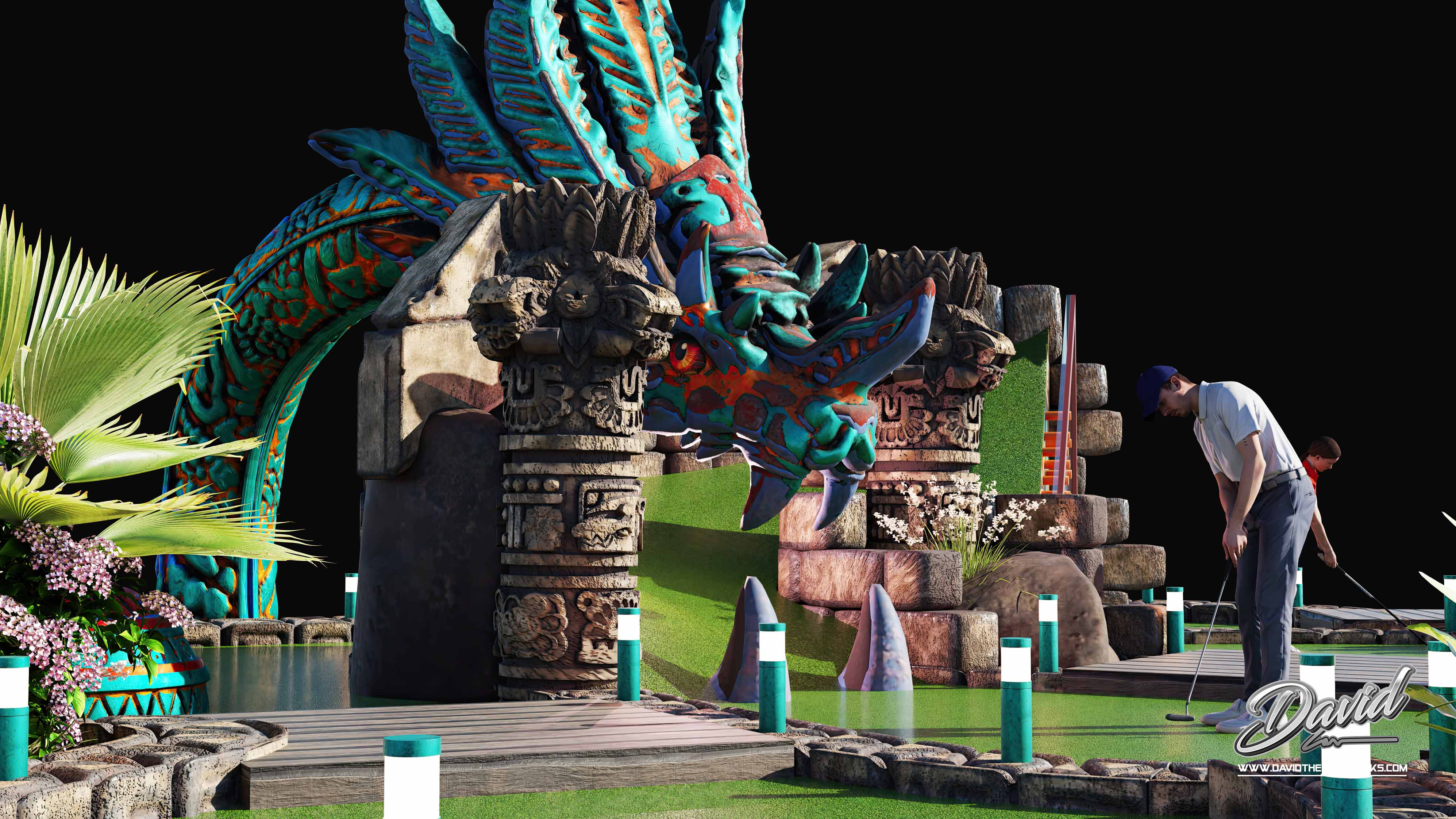 themed mini golf course design Aztec adventure golf layout