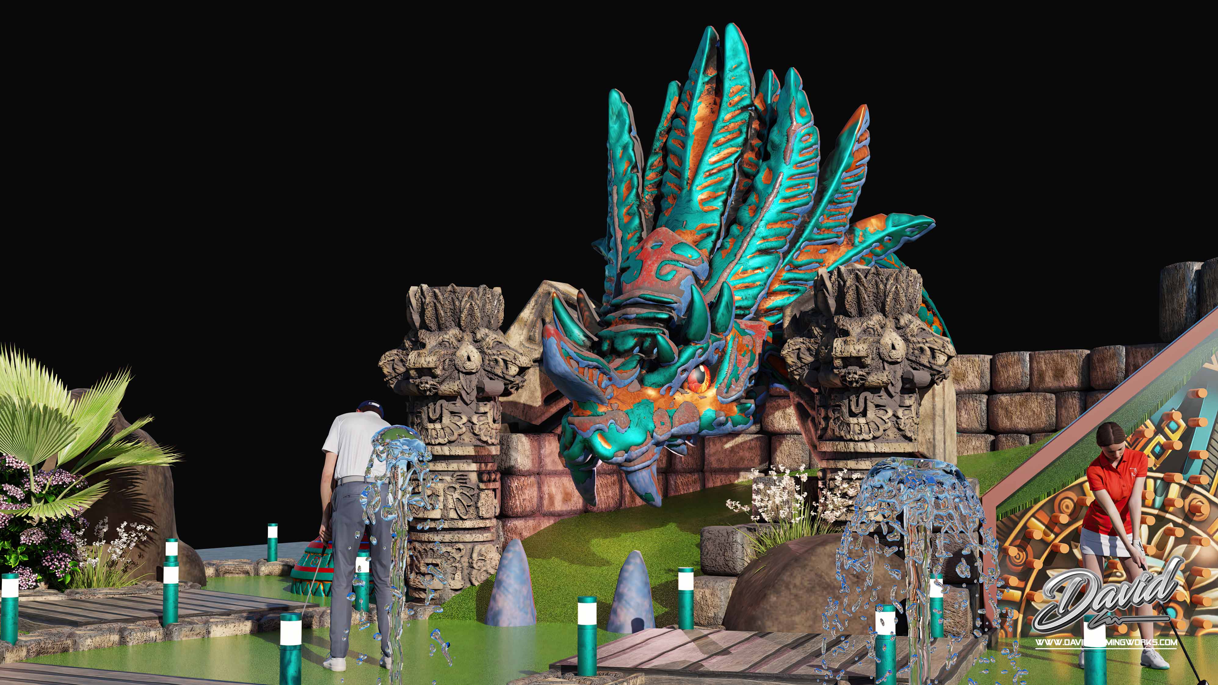 Aztec-themed mini golf construction custom Aztec mini golf park
