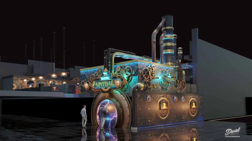 experiential park design, entertainment architecture themed paintball park design,