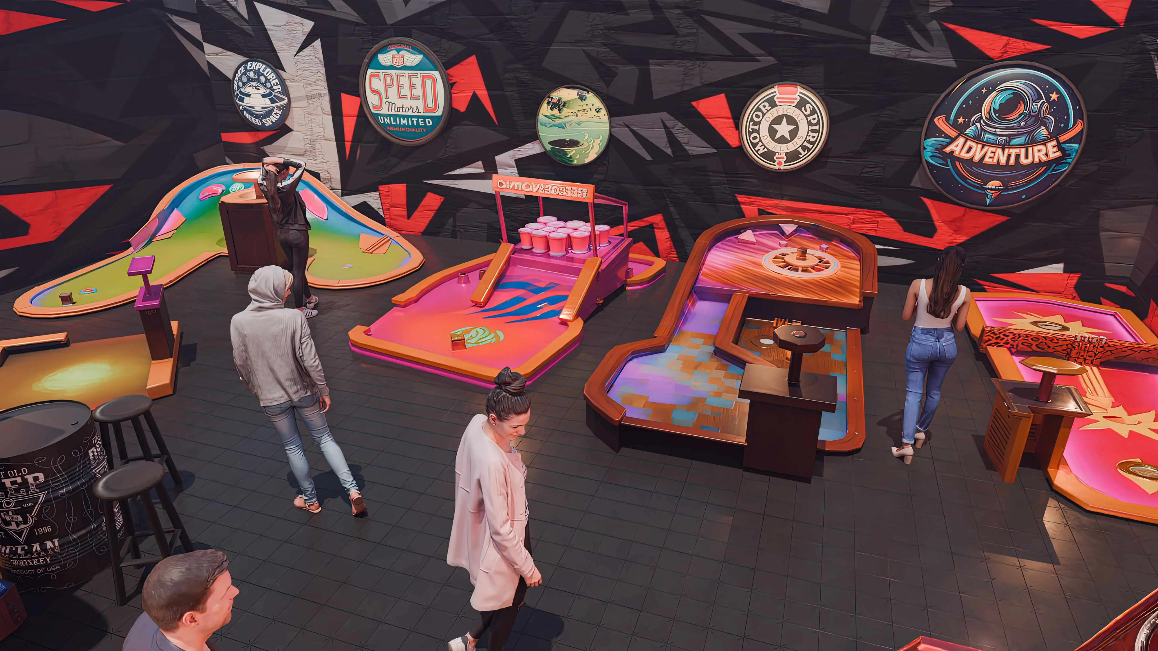 immersive mini golf lounge   compact mini golf bar layout