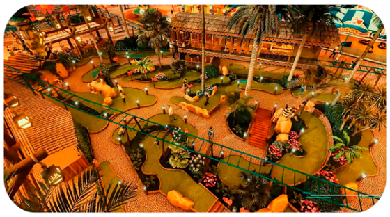 Parque de golfe em miniatura com tema familiar estilo cartoon.