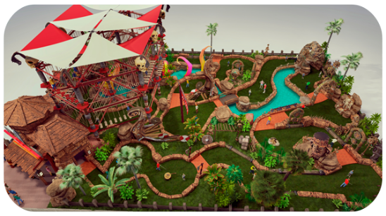 Parque de lazer temático que combina percurso de aventura em corda e minigolfe