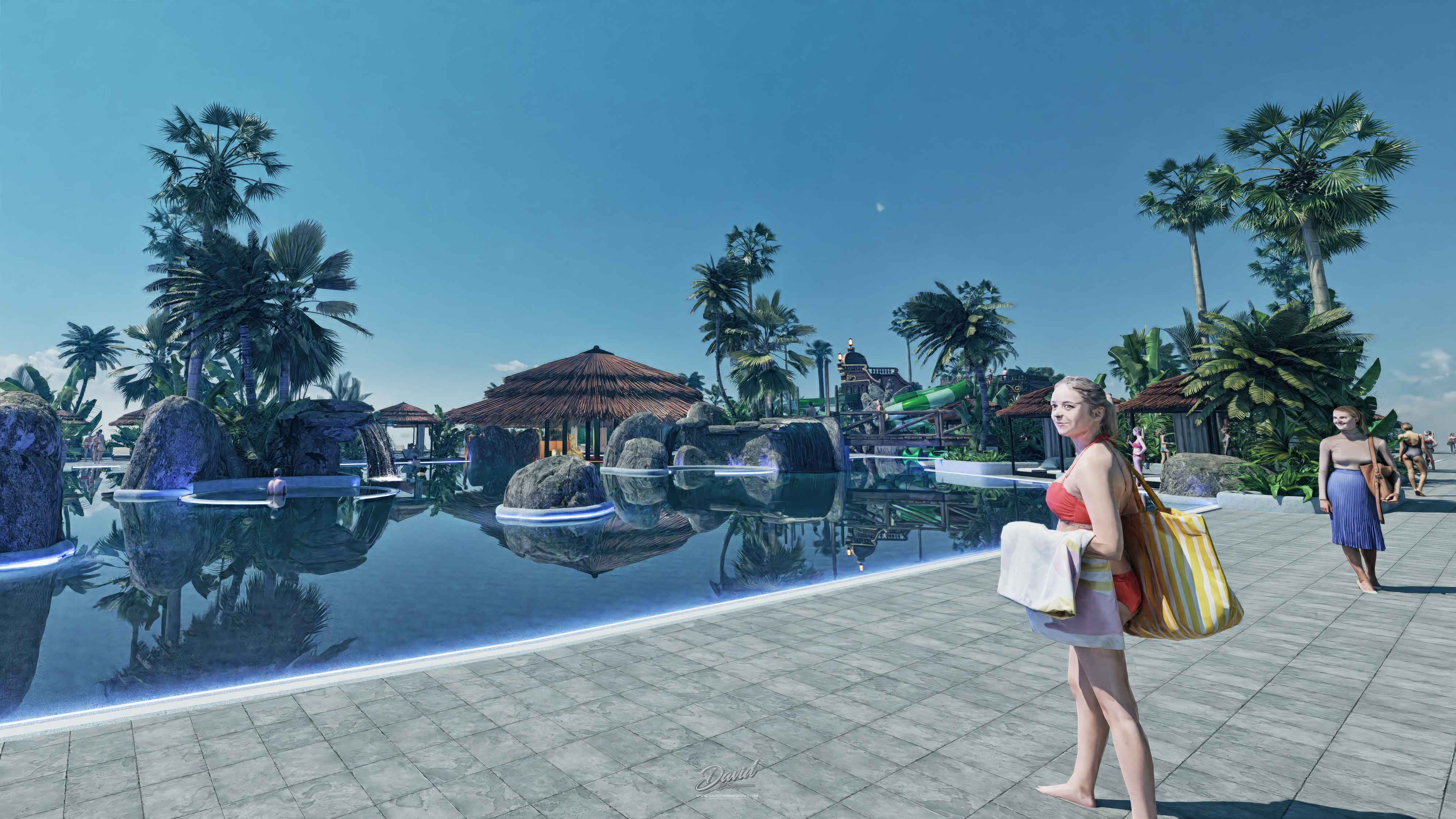 design de piscina temática Piscina com escorregas aquáticos e rochas artificiais.