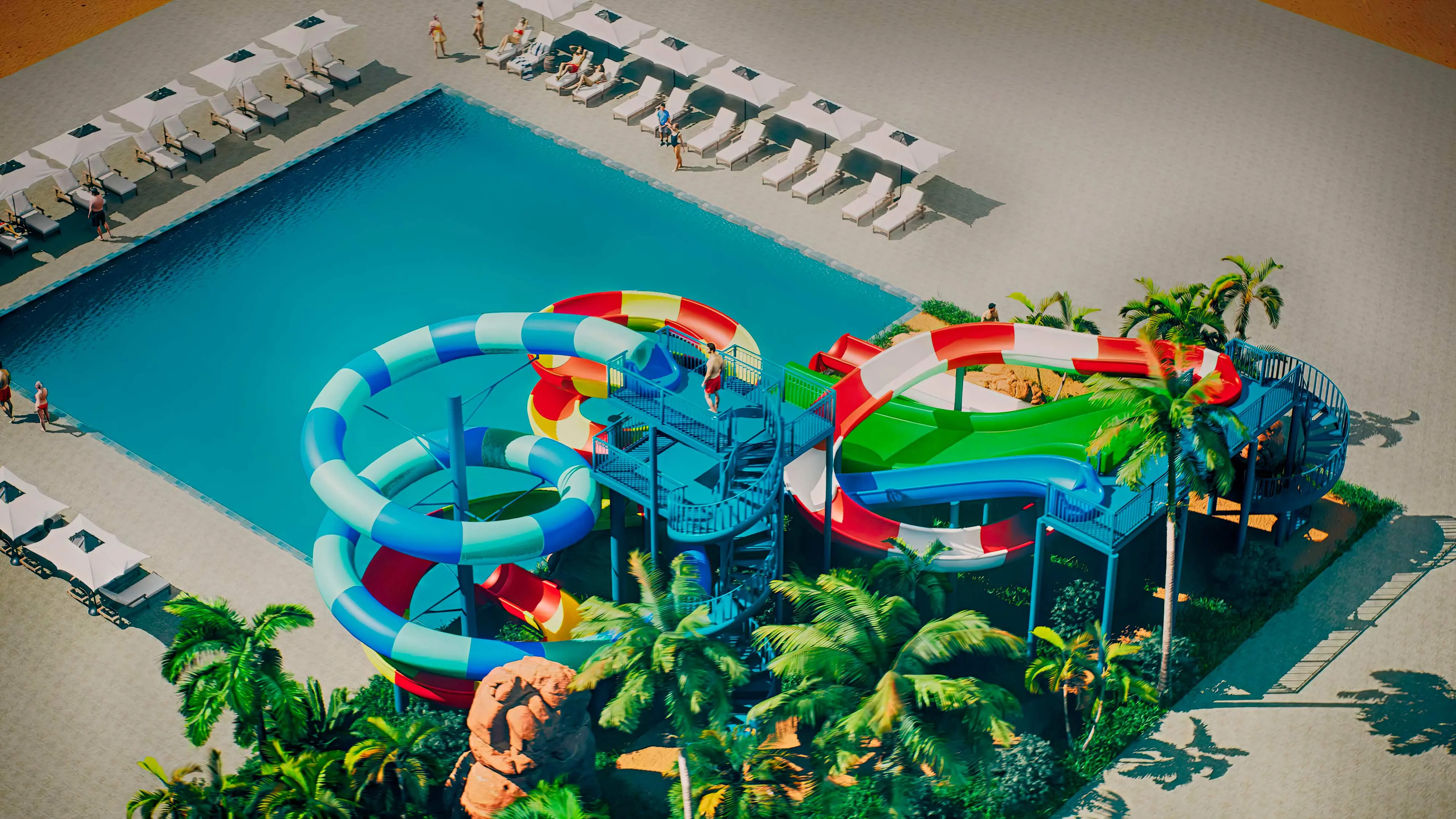 design de piscina temática Piscina com escorregas aquáticos e rochas artificiais.