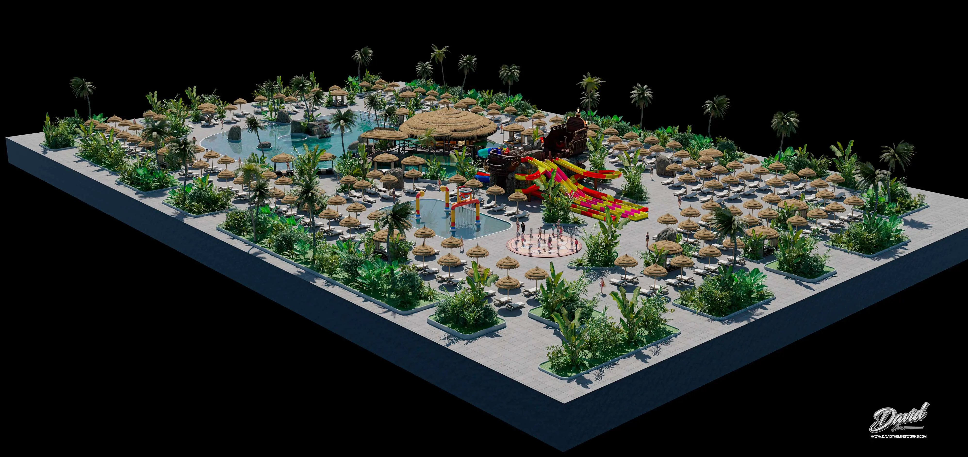 Piscina com escorregas aquáticos e rochas artificiais. design de piscina temática