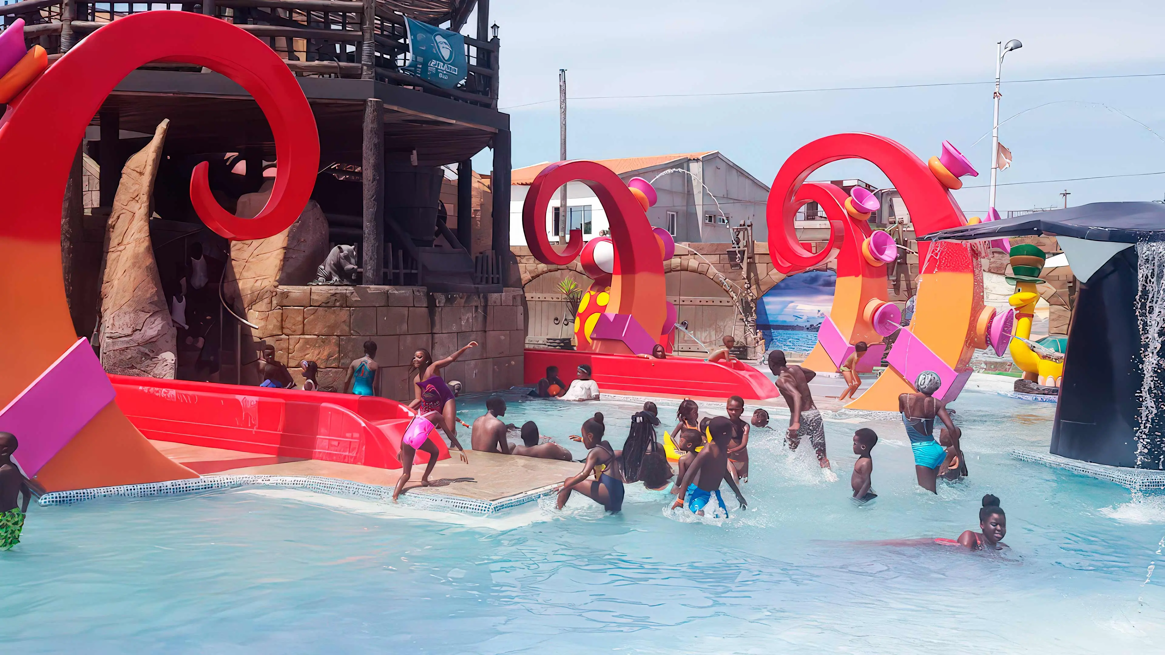 construção de piscinas temáticas Construção de piscinas com escorregas aquáticos e rochas artificiais