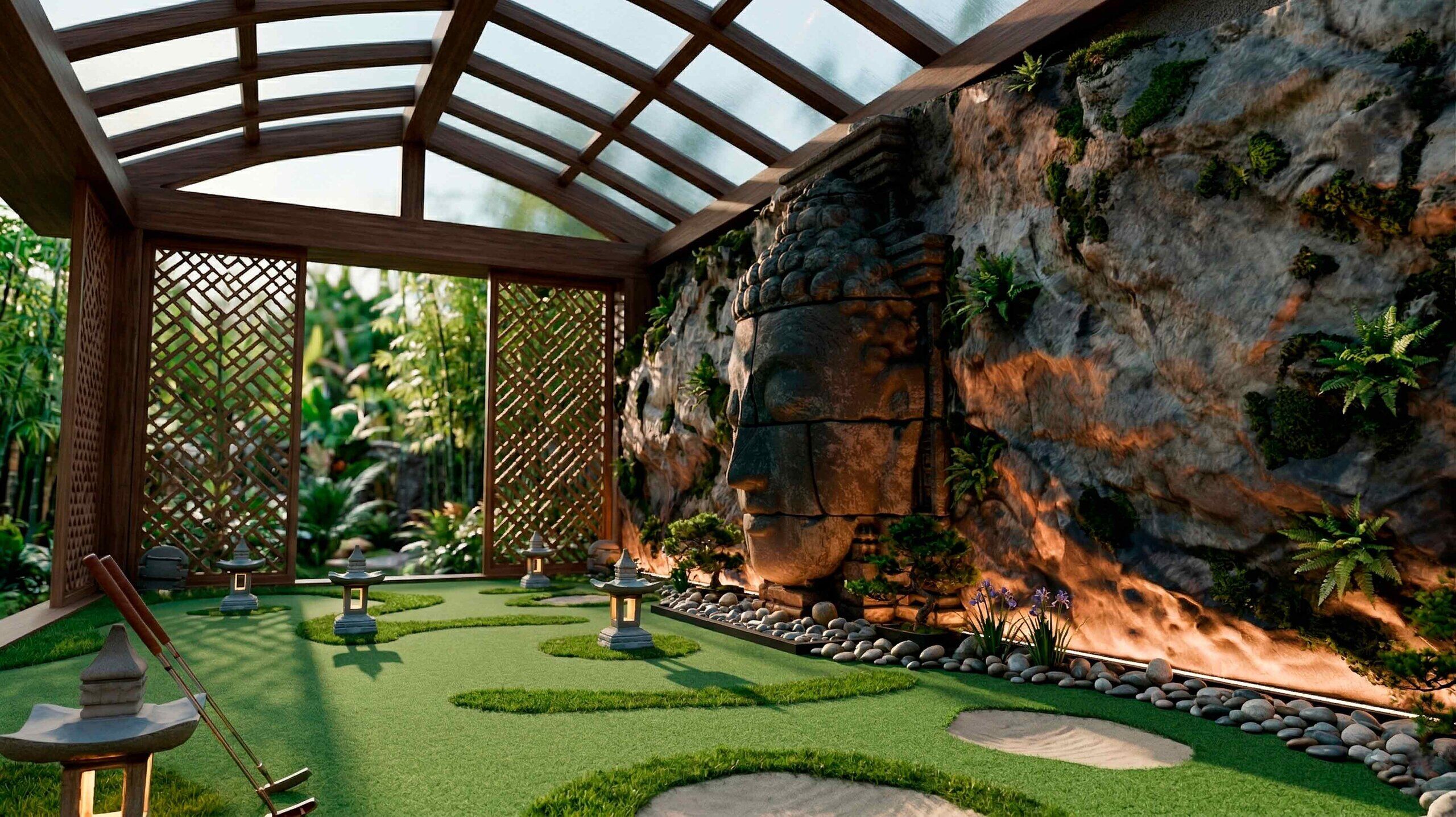 espectacular circuito de minigolf en Lleida que fusiona espiritualidad y ocio bajo una imponente cabeza de Buda de 5 metros